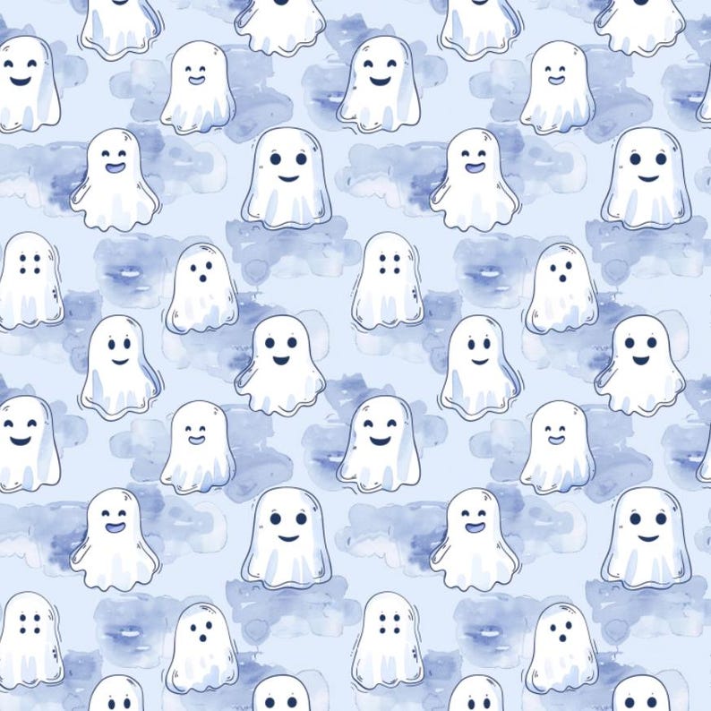 May include: A repeating pattern of white cartoon ghosts with smiling faces on a light blue background with watercolor-style blue clouds. The ghosts are in various poses, creating a playful and whimsical design, perfect for Halloween-themed products.