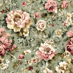 May include: A detailed floral pattern with large blooms in pink, cream, and burgundy, set on a muted green backdrop. The design incorporates various flower sizes and foliage, offering a vintage, botanical style, reminiscent of classic wallpaper.