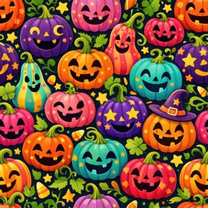 May include: A vibrant Halloween pattern with smiling pumpkins in orange, purple, pink, and teal. The pumpkins have carved faces and are decorated with stars, leaves, and candy corn on a dark background. A festive design.