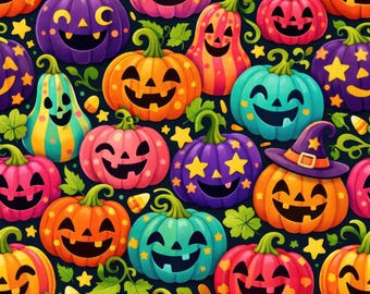 Rainbow Jack-o'-lantern Seamless Fabric on Black Background | For Sewing & Crafts| Half Yard