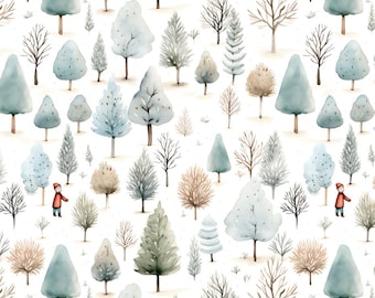 May include: Watercolor illustration of a winter forest scene with various trees in shades of blue, gray, and brown. The trees are set against a white background, with a small figure in a red coat. The overall theme is a winter landscape.