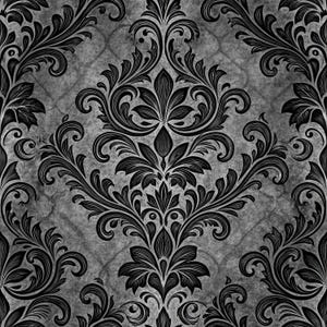 Puede incluir: Un patrón de damasco repetitivo con intrincados adornos negros y motivos florales sobre un fondo gris texturizado y jaspeado. El diseño muestra formas de hojas ornamentadas y simétricas con líneas curvas que crean un papel tapiz.