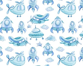 Watercolor Baby Boy Cotton Fabric | Blue Gender Reveal Pattern | For Sewing & Crafts| Half Yard Sold