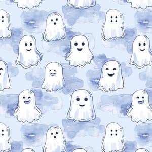 May include: A repeating pattern of white cartoon ghosts with various facial expressions on a light blue background with watercolor-style blue cloud shapes. The ghosts have simple black eyes and mouths, some smiling, some with dots, and some with a 'D' shaped mouth.