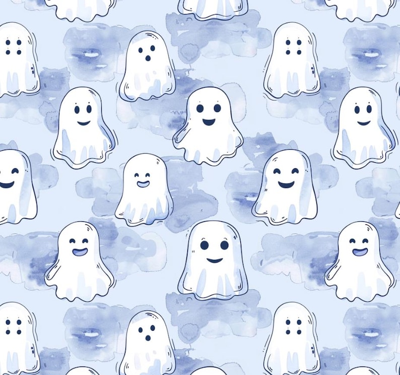 May include: A repeating pattern of white cartoon ghosts with various facial expressions on a light blue background with watercolor-style blue cloud shapes. The ghosts have simple black eyes and mouths, some smiling, some with dots, and some with a 'D' shaped mouth.