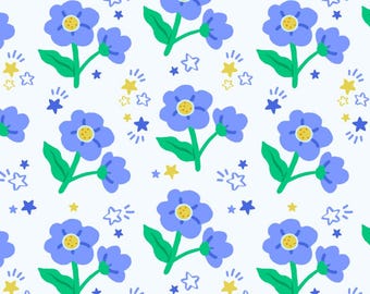 Katoenen stof mooie blauwe bloemen | Bloemmotief | Voor naaien en knutselen| Halve tuin