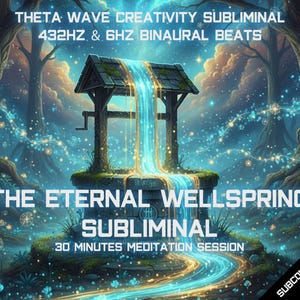 May include: Digital art of a well with a waterfall of light, surrounded by a forest. Text reads "THETA WAVE CREATIVITY SUBLIMINAL 432HZ & 6HZ BINAURAL BEATS" and "THE ETERNAL WELLSPRING SUBLIMINAL 30 MINUTES MEDITATION SESSION".