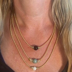 Hand Beaded Gold Seed Bead Necklace: Layered Gemstone Boho Jewelry- Three strand