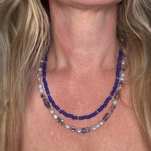 Freshwater Pearl & Crystal Necklace: Blue Beads, Gold Accents, Adjustable