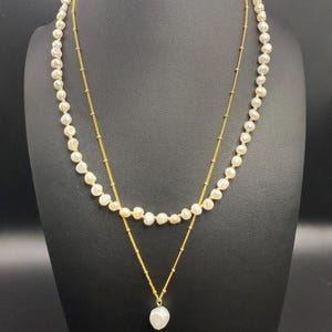 Two Strand Freshwater Pearl Necklace with Pearl Pendant - 14k Gold Plated Accents - 16” & 18” Adjustable