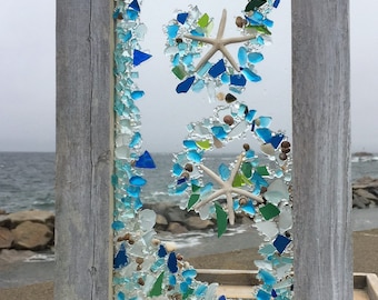 Beach glass panel in bright tones in a wave pattern with starfish