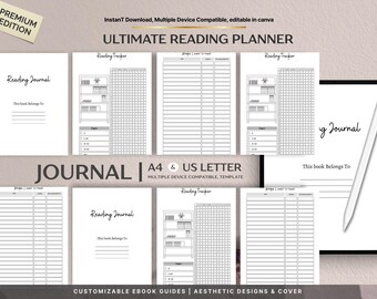 Peut inclure: Un journal de lecture et un planificateur blancs avec le texte "Reading Journal" et "Ultimate Reading Planner". Le planificateur comprend des suivis de lecture et des pages lignées. Le texte "A4 & US LETTER" est également visible.