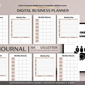 Könnte beinhalten: Digitaler Businessplaner mit monatlichen und wöchentlichen Layouts. Enthält ein Journal, A4- und US-Letter-Formate und ist mit mehreren Geräten kompatibel. Das Design verfügt über eine neutrale Farbpalette und ist in Canva bearbeitbar.