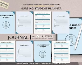 May include: A light blue Nursing Student Planner with a nurse icon, emergency contact pages, and a 'This Book Belong To' page. The journal is available in A4 and US Letter sizes, and is multiple device compatible.
