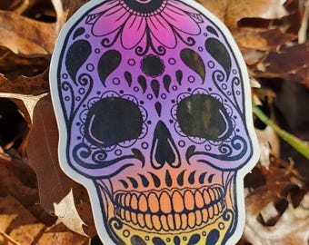 Floral Sugar Skull Vinyl Sticker, Waterproof