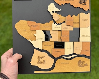Vancouver 3D Wooden Map Decor, Gift. Shelf Desk Wall Art, Handcrafted