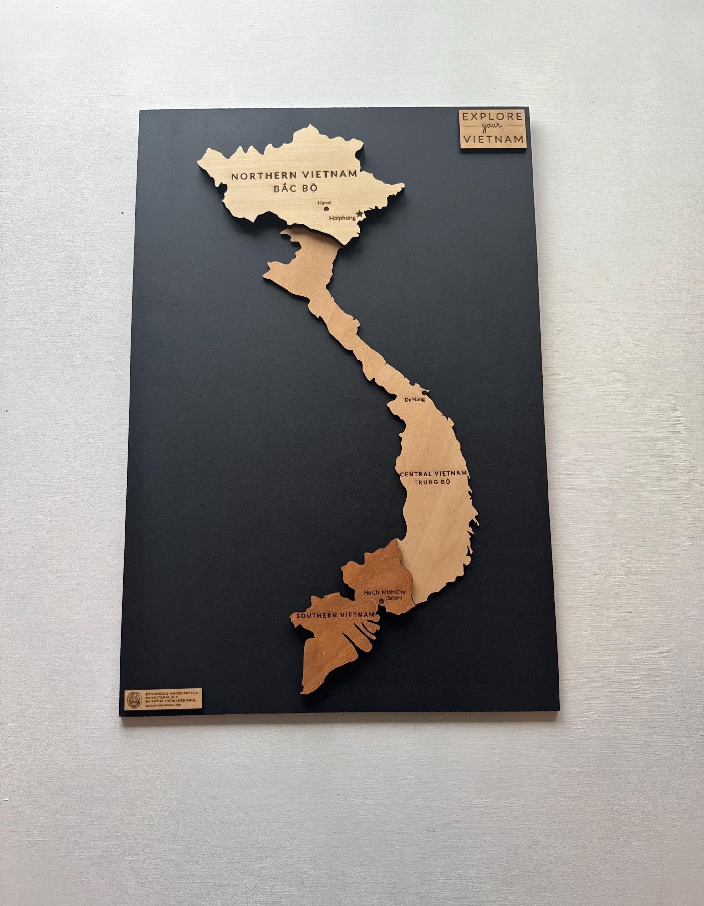 Wooden Vietnam Wall Map on Matte Black Backing Board | Layered