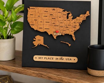 Personalized USA Wooden Map Shelf & Wall Decor, Custom Home City Pin, United States Map, Housewarming Gift