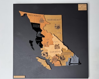 British Columbia Wooden Map Art – 3D Layered Wood BC Wall Decor, Matte Black Backing