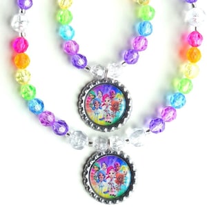 Rainbow Rangers Beaded Kids Necklace and Bracelet Set Stretchy Cord Bottlecap Gift NEW Handmade