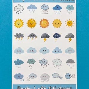 May include: Sheet of Tiny Weather Stickers featuring various weather icons like smiling suns, rain clouds, and lightning bolts. The stickers are in shades of blue, yellow, and gray. The text "Tiny Weather Stickers" and "Party Loft Stickers" are printed on the sheet.