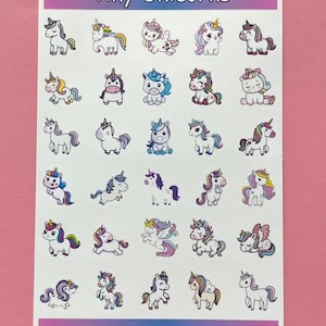 May include: A sheet of stickers featuring various cartoon unicorns with colorful manes and tails. The stickers are in different poses and designs, with the text "Tiny Unicorns" at the top and "Party Loft Stickers" at the bottom.