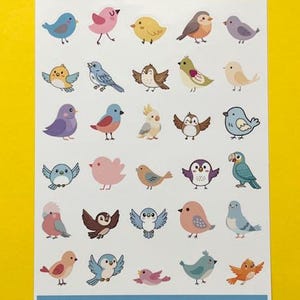 May include: A sheet of stickers featuring various cartoon birds in different colors and poses. The text "Tiny Birds" is at the top, and "Party Loft Stickers" is at the bottom. The stickers are on a white background.