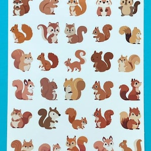 May include: A sticker sheet titled Tiny Squirrels and Party Loft Stickers featuring thirty individual illustrations of brown and tan squirrels in various poses, including sitting, standing, and looking in different directions on a white background.