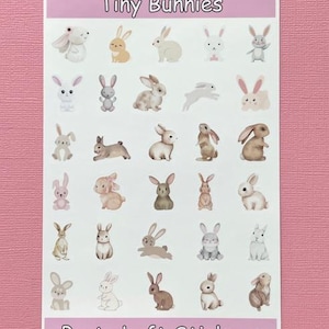 May include: A sheet of stickers featuring various bunny illustrations in shades of white, brown, and gray. The text "Tiny Bunnies" is at the top, and "Party Loft Stickers" is at the bottom.