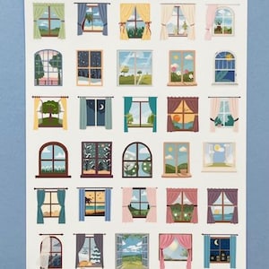 May include: A sticker sheet with the text "Tiny Views" and "Party Loft Stickers." The sheet features various illustrated windows with different scenes, including landscapes, night skies, and floral arrangements. The windows have curtains in various colors.