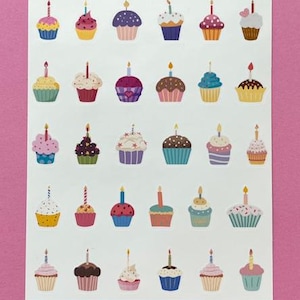 May include: Sheet of stickers featuring colorful cupcake designs with lit candles. The stickers are labeled "Birthday Cupcakes" and "Party Loft Stickers" in a teal banner. The cupcakes have various frosting and wrapper colors.