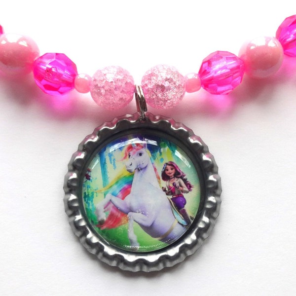 UNICORN ACADEMY Sophia & Wildstar Beaded Kids Necklace Stretchy Cord Bottlecap Gift NEW Handmade