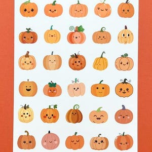 May include: A sticker sheet titled Tiny Pumpkins and Party Loft Stickers featuring twenty-five individual illustrations of orange, yellow, and peach pumpkins with various facial expressions, including smiling, blushing, and laughing faces.