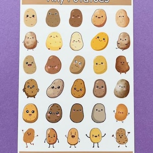 May include: A sticker sheet featuring various cartoon potato designs with smiling faces. The sheet includes the text "Tiny Potatoes" at the top and "Party Loft Stickers" at the bottom. The potatoes are in shades of brown, tan, and yellow.
