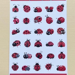 May include: Sheet of stickers featuring various red ladybugs with black spots and details. The stickers are labeled "Tiny Ladybugs" and "Party Loft Stickers" in red and white text. The ladybugs have different expressions and poses.