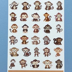 May include: Sheet of stickers featuring various cartoon monkeys in brown and tan colors. The stickers have different poses and expressions. The text "Tiny Monkeys" and "Party Loft Stickers" are at the top and bottom of the sheet.
