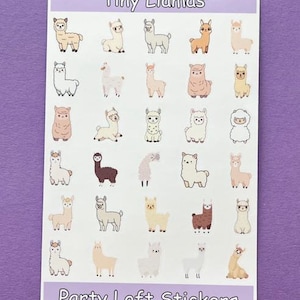 May include: A sheet of stickers featuring various cartoon llamas in different colors and poses. The text "Tiny Llamas" is at the top, and "Party Loft Stickers" is at the bottom. The stickers are on a white background.