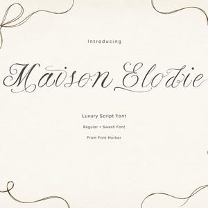 May include: A digital presentation of the font Maison Elodie, featuring brown cursive script text on a cream background. The text reads Introducing Maison Elodie, Luxury Script Font, Regular + Swash Font, From Font Harbor, framed by brown line-drawn ribbons.