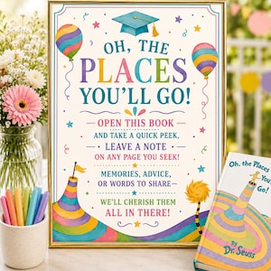Może przedstawiać: Oprawiony znak z napisem "Oh, the Places You'll Go!" w kolorowych literach, z balonami i ilustracją czapki absolwenta. Obok znaku znajduje się pasująca książka Dr. Seussa. W wazonie są kwiaty, a w kubku kolorowe długopisy.