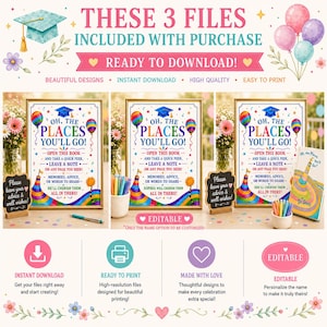 Puede incluir: Un conjunto de tres carteles digitales para una fiesta de graduación con el texto OH, THE PLACES YOU'LL GO!, globos coloridos, un birrete de graduado y detalles de arcoíris. El diseño incluye instrucciones para que los invitados escriban.