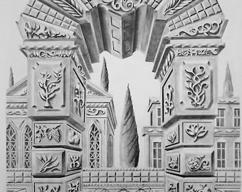 Dessin Original Architecture, Paysage Crayon Graphite Fait Main, Art Mural Signé A3, Dessin Pierre Sculptée, Cadeau Amateur Art