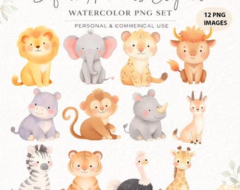 Cute Safari Animals Clipart Set – Watercolor Baby Safari PNG, Nursery Animal Clipart, Jungle Animals, Commercial Use