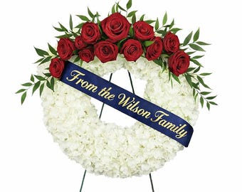Cinta funeraria personalizada – Cinta conmemorativa de condolencias personalizada – Banda de satén de doble cara de 2 pulgadas, prensada a mano.
