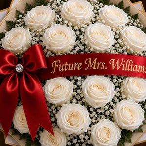 May include: A bouquet of white roses with a red satin ribbon and the text "Future Mrs. Williams" in gold lettering. The ribbon is adorned with a sparkling jewel. The arrangement includes baby's breath.