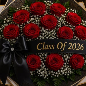 Puede incluir: Un ramo de rosas rojas con paniculata blanca y vegetación. Una cinta negra con la inscripción dorada "Class Of 2026" envuelve las flores. Un lazo negro con un centro de pedrería adorna la base del ramo.