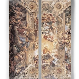 May include: Two skateboards with a classical painting design. The artwork depicts a detailed scene with figures, clouds, and architectural elements in shades of brown, beige, and blue. The boards have a curved shape and a light-colored wood base.
