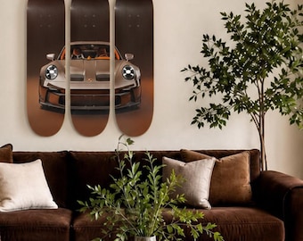 Brown Porsche Skateboard Wall Art – 3 Deck Triptych | Classic Car Skateboard Art | Automotive Wall Decor | Modern Skate Deck Wall Hanging