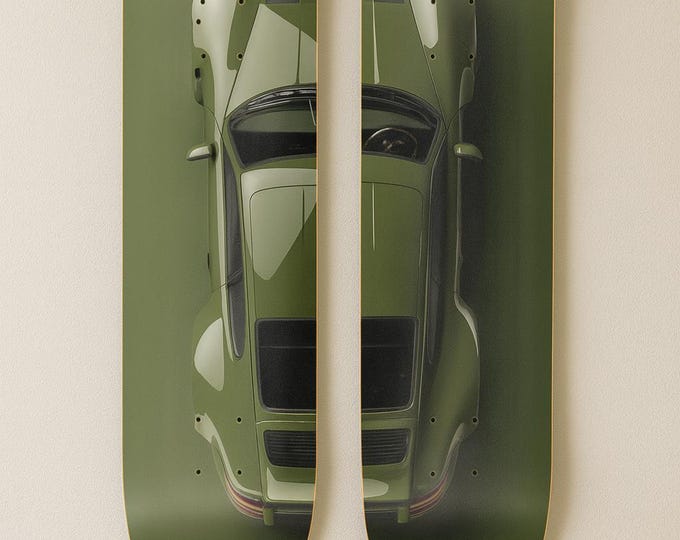 Green Porsche Skateboard Wall Art – 2 Deck | Classic Car Skateboard Art | Automotive Wall Decor | Modern Skate Deck Wall Hanging