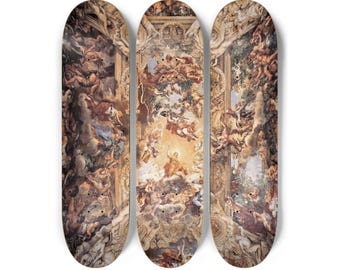 May include: Three skateboards with a Renaissance-style painting design. The artwork features figures, clouds, and architectural elements in shades of brown, beige, and blue. The skateboards are arranged vertically against a white background.