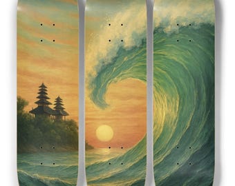 May include: Set of three skateboards featuring scenic artwork. One board depicts a temple on a hill, another a sunset over the ocean, and the third a large wave. The boards have a painted aesthetic with a color palette of blues, greens, and oranges.
